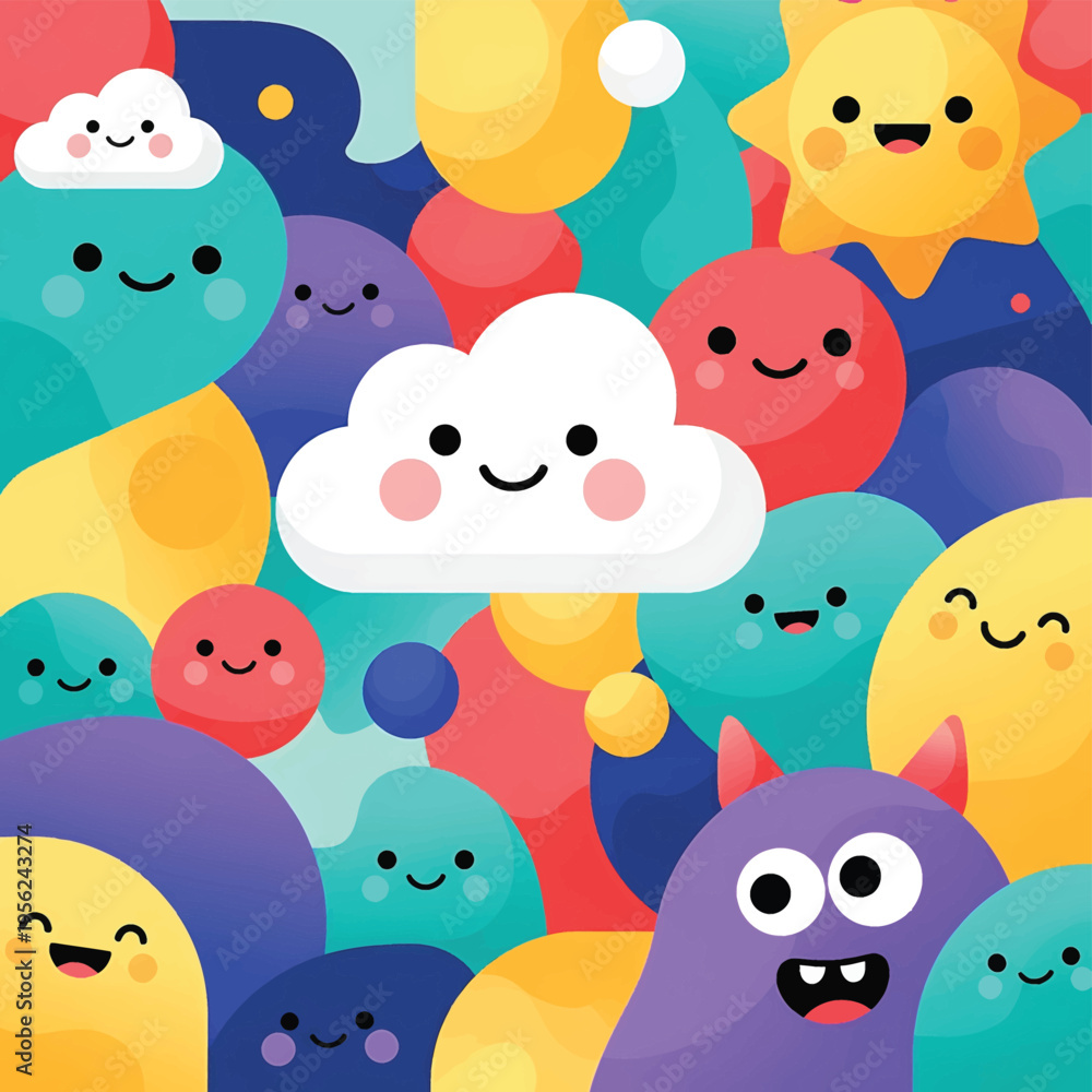 Fototapeta premium Colorful cartoon smiling cloud characters faces.