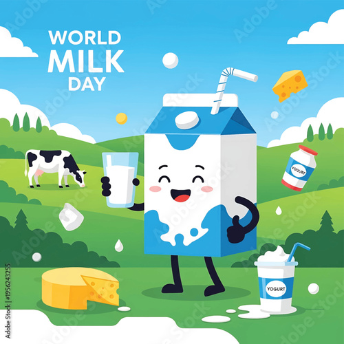 Cartoon milk carton character smiling.