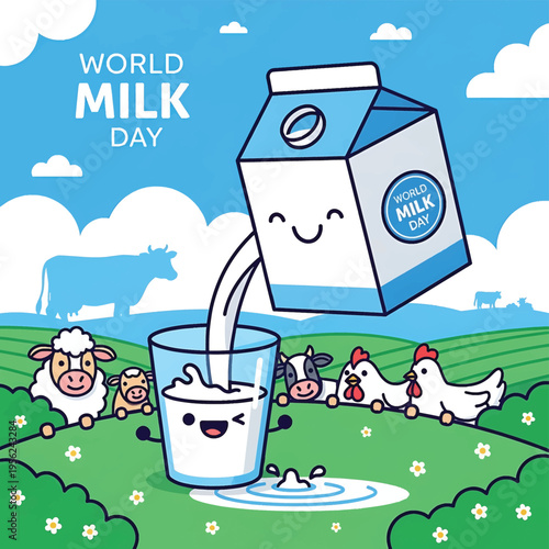 Cartoon milk carton pouring glass.