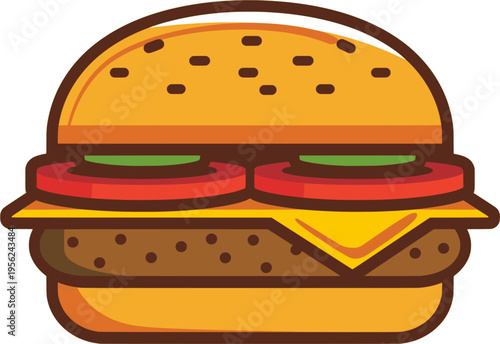 A clean and modern flat design illustration of a delectable cheeseburger, featuring a perfectly grilled single beef patty, a square slice of rich yellow cheese, two fresh red tomato slices, and a vibr