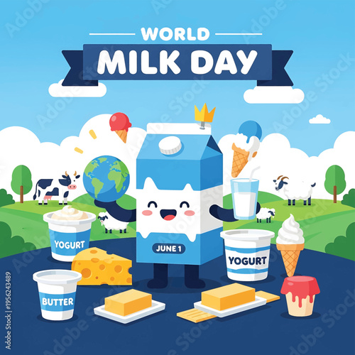 Cartoon milk carton with happy face.