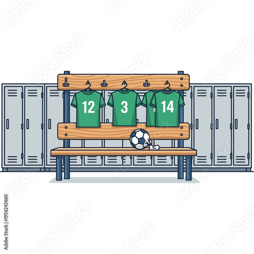 Soccer jerseys hang on hooks in a locker room with a ball