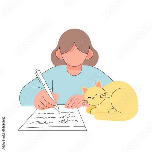 Person writing next to a sleeping cat, creative work and companionship