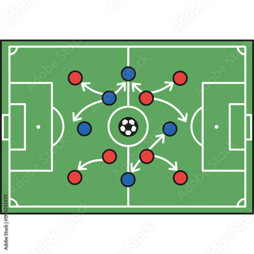 Soccer players move strategically on green field with ball and teammates