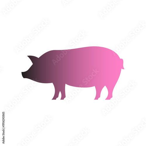 Pink Pig Silhouette Standing on White Background.