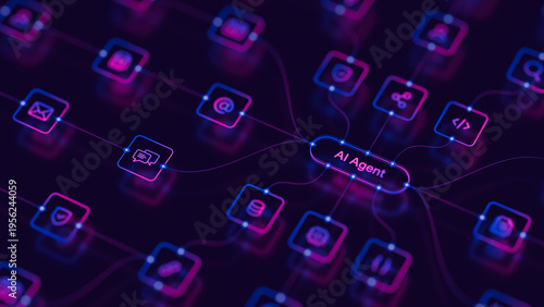 AI agentic workflow automation artificial intelligence agent software interface nodes triggers data tool dashboard coding icon flow process database technology 3d rendering.