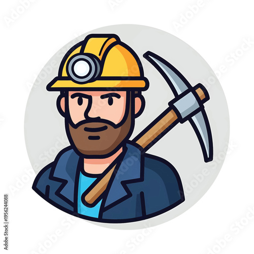 Cartoon miner with pickaxe and helmet.