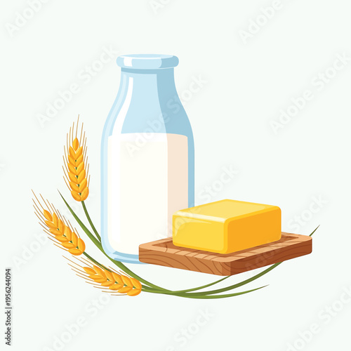 Butter on wooden cutting board with milk.