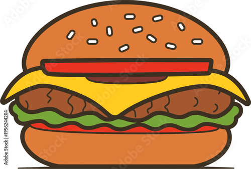 A clean and modern flat design illustration of a delectable cheeseburger, featuring a perfectly grilled single beef patty, a square slice of rich yellow cheese, two fresh red tomato slices, and a vibr