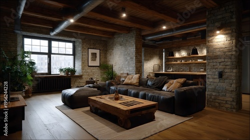 Cozy industrial loft living room with exposed brick and wooden ceiling