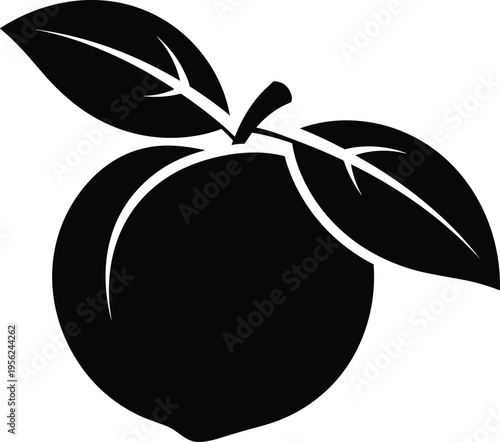Black silhouette illustration of a peach fruit with two detailed leaves attached to stem, simple rounded shape design for agriculture, healthy food, farming, and Georgia symbol