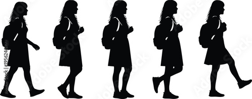 Black silhouette illustration of five sequential walking poses of young person wearing dress and backpack, showcasing stride progression, human locomotion, posture, and movement design for animation.