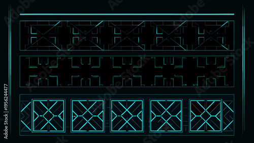 Abstract neon grid pattern with geometric shapes and glowing cyan lines