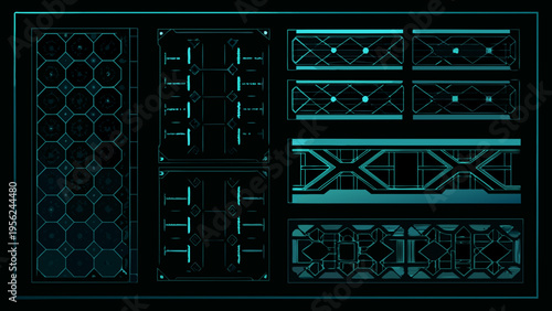Abstract geometric patterns in teal and black resembling digital blueprints
