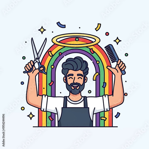 Cartoon barber with scissors and comb.