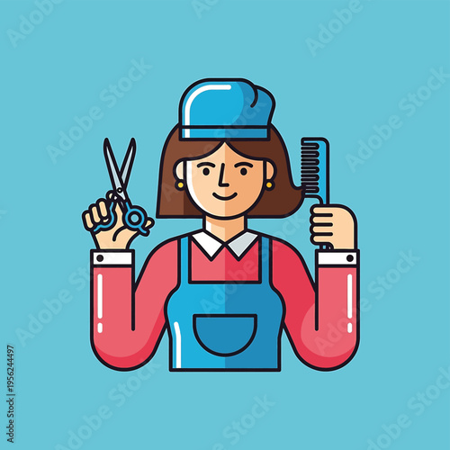 cartoon woman holding hairdressing tools.