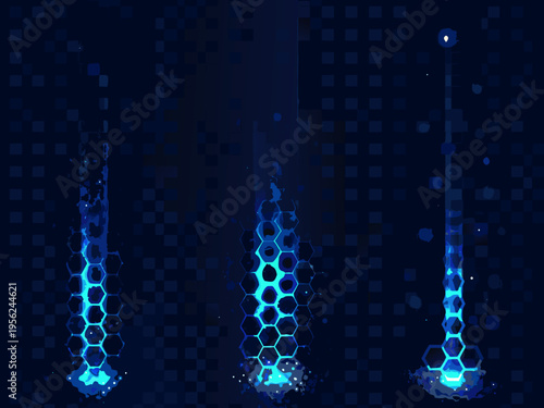 Abstract glowing hexagonal structures against a dark blue digital background