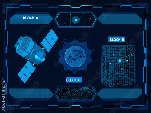 Futuristic interface displaying satellite planetary and data visualizations