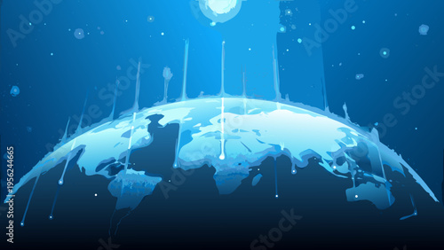 A glowing earth with streaks of light descending from above