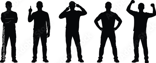 Black silhouette illustration of person in multiple poses including crossed arms, pointing upward, touching head, hands on hips, and triumphant celebratory gesture with raised fists.