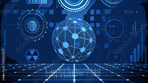 Abstract digital background with a glowing spherical network and futuristic elements