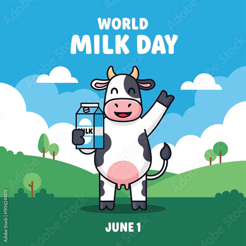 Cartoon cow holding milk carton.