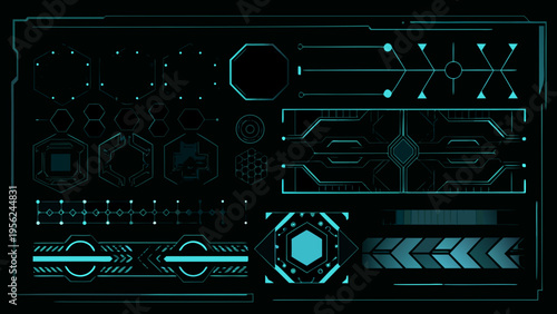 Abstract futuristic interface elements with glowing cyan lines on black