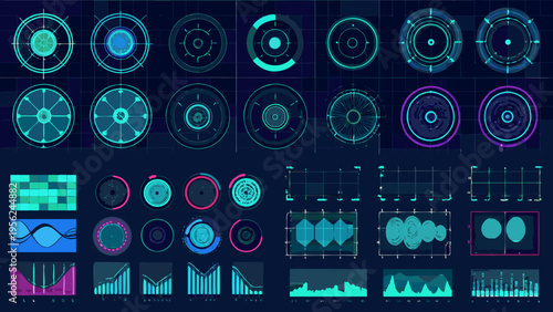 Abstract futuristic interface elements with glowing neon circles and data displays