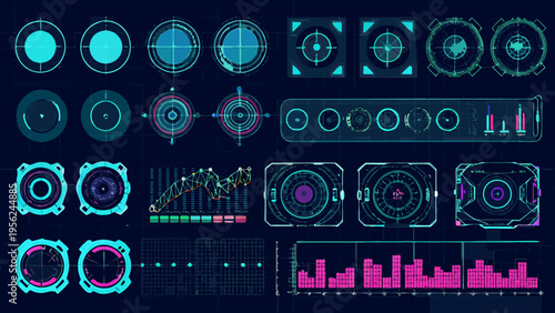 Futuristic heads up display elements arranged on a dark blue background