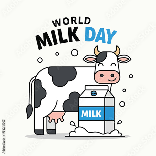 Cartoon cow standing next to milk.