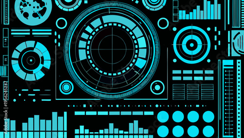 Futuristic interface with glowing teal circular displays and data visualization
