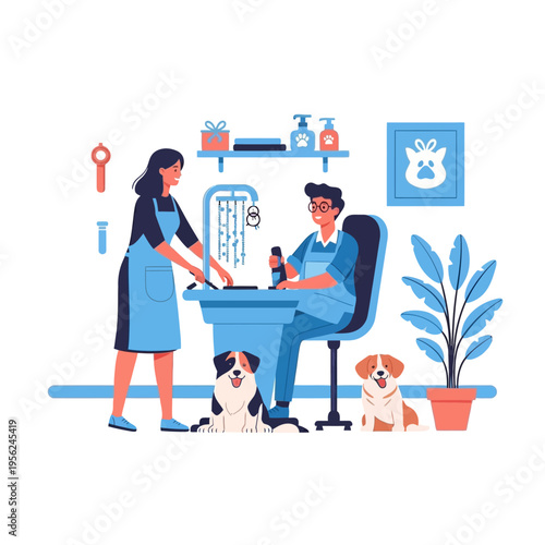 Dog grooming salon with groomers and happy pets, flat illustration