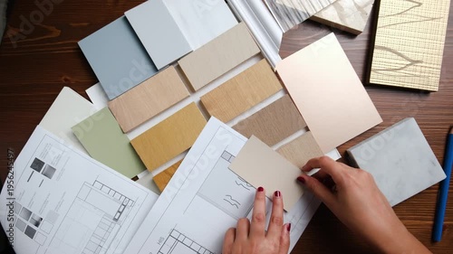 Dubai design office with interior designer reviewing material palette and layout plan