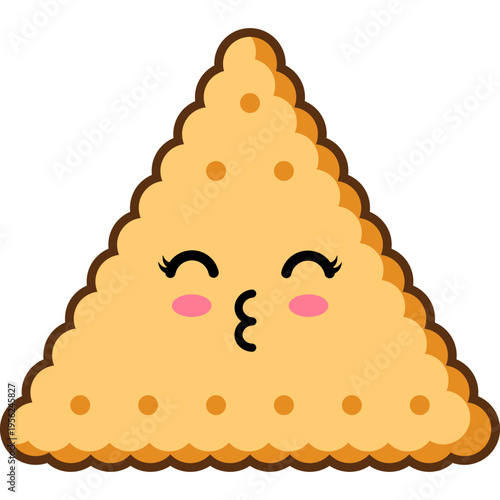A cute triangular sushi character with face and eyes is smiling