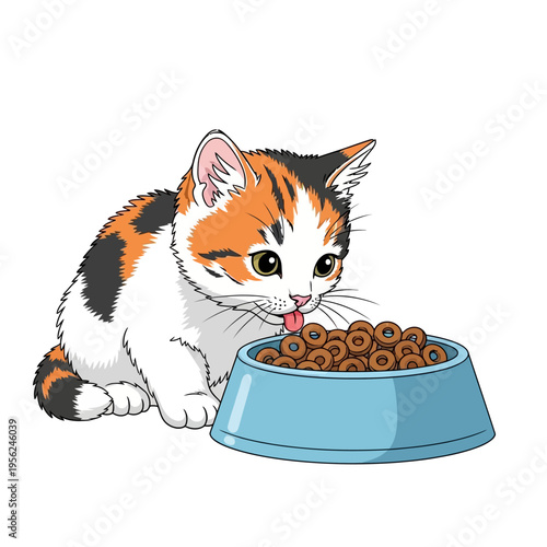 Cute Calico Kitten Eating Dry Food From Blue Bowl - Adorable Pet Illustration
