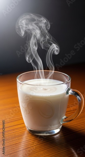 A comforting glass mug filled with fresh, creamy milk sitting on a wooden surface, steam gently rising, suggesting ideal temperature for bedtime, aroma, relaxation, drink