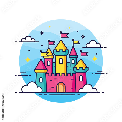 Colorful Cartoon Castle Tower Architecture.