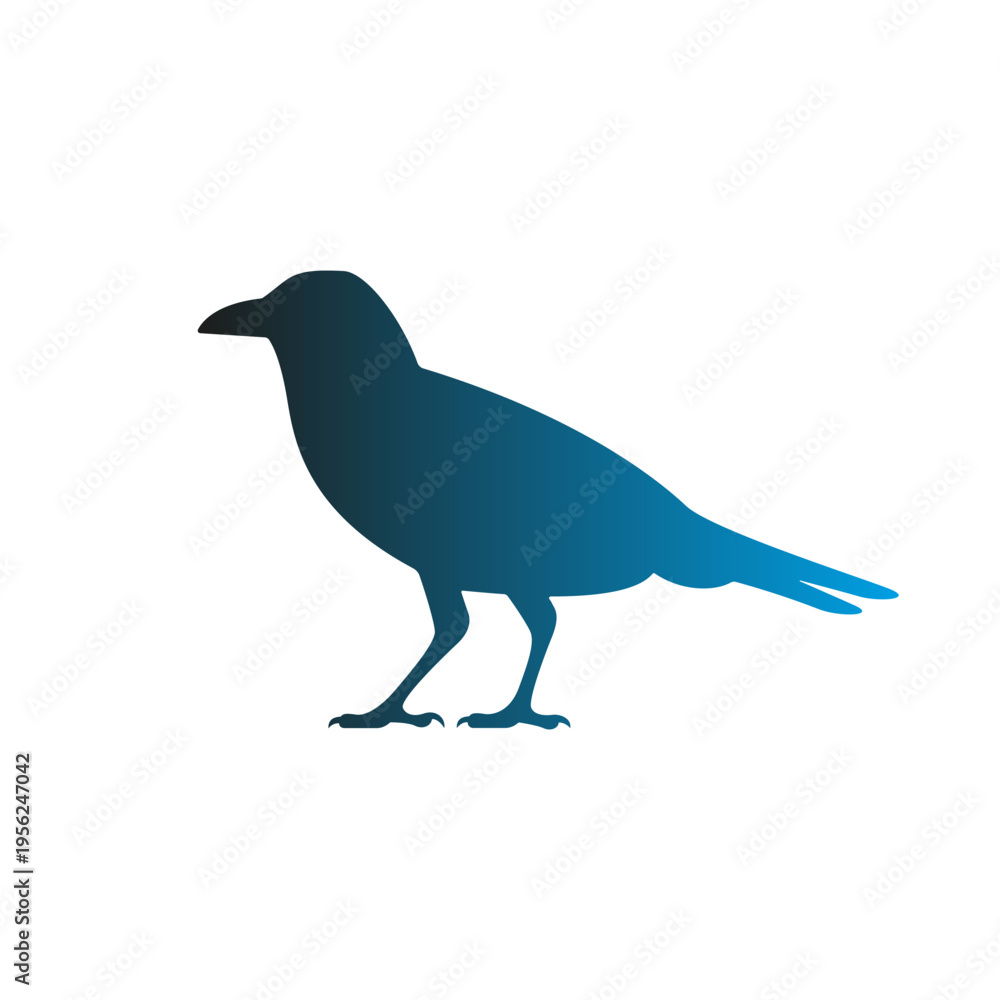 Fototapeta premium Blue Gradient Crow Silhouette Standing on White Background.