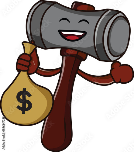 Happy cartoon hammer character celebrating financial success, holding a bag of money and giving a thumbs-up, representing profit, business achievement, and successful hard work