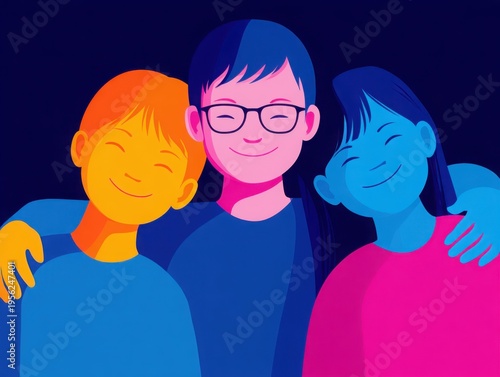 Three cheerful children posing together in vibrant colors  