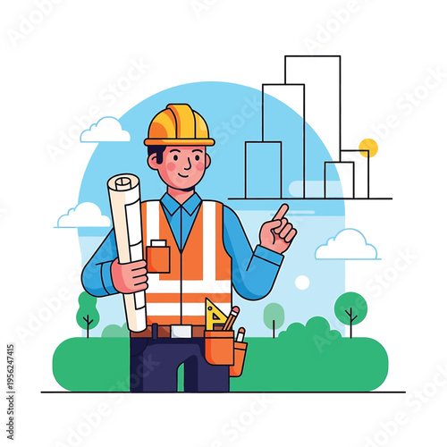 Construction worker with safety gear.