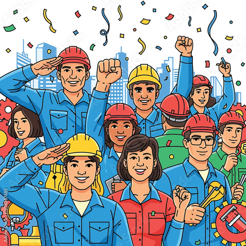 Construction workers celebrating with raised fists.