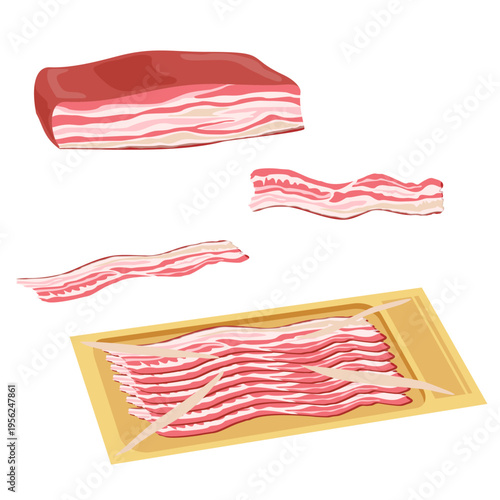 Bacon on a white background. Fresh bacon stripe. Pork meat. Ingredients for cooking, cafe and restaurant menus. Meat products. Fresh and fried becon. Flat