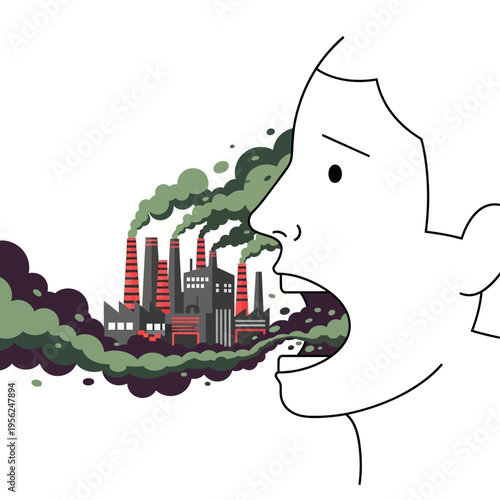 Pollution from factories entering a person's open mouth, symbolizing environmental impact on health.