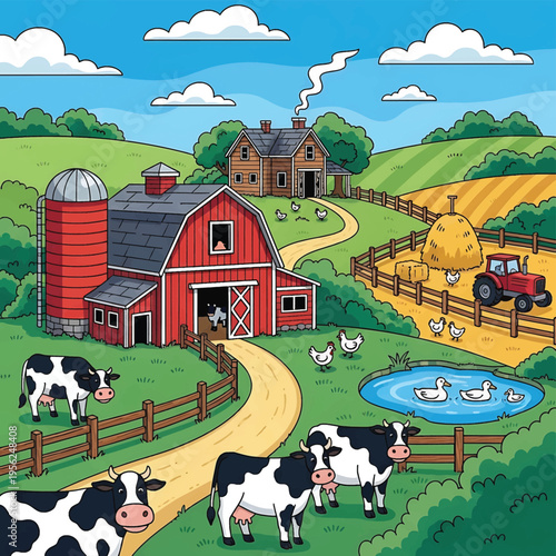 Cows grazing on green farm land.