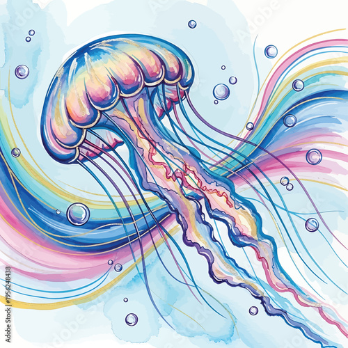 Colorful illustration of a jellyfish swimming.