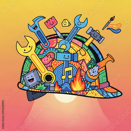 Colorful illustration of construction hard hat.