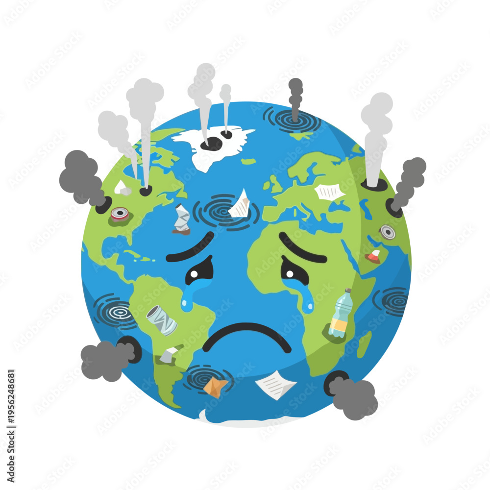 Fototapeta premium Sad Earth Crying Pollution, Environmental Crisis, Climate Change, Global Warming, Pollution