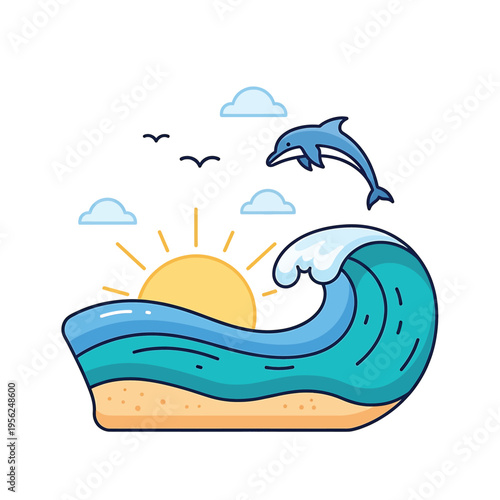 Dolphin jumping out of ocean wave.