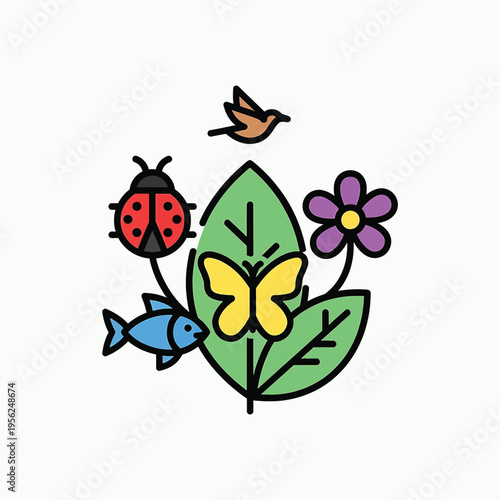 Colorful Ladybug Butterfly Fish Bird.